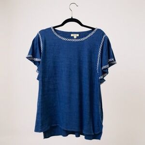 Max Studio blue and white flutter sleeve‎ short sleeved blouse 1X